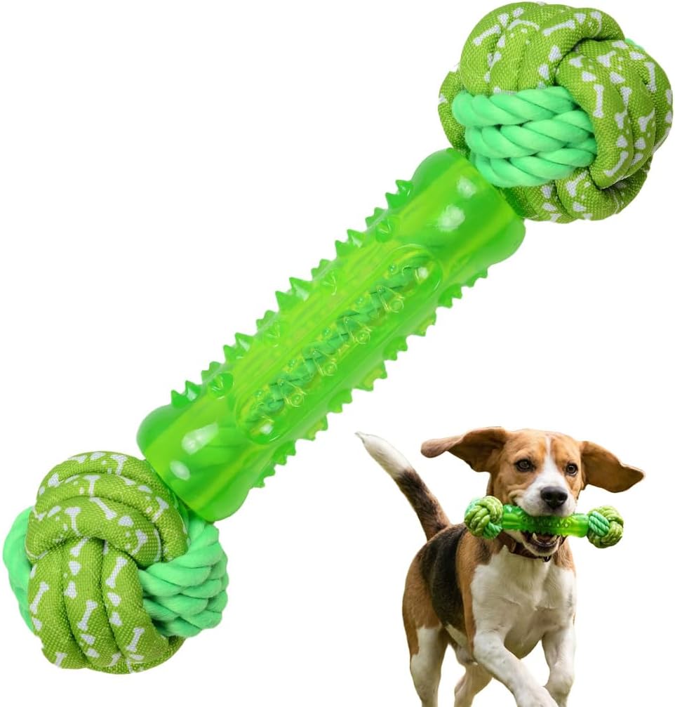 Bone Dog Chew Toy with Rope Ball — green textured dental chew with knotted rope ends