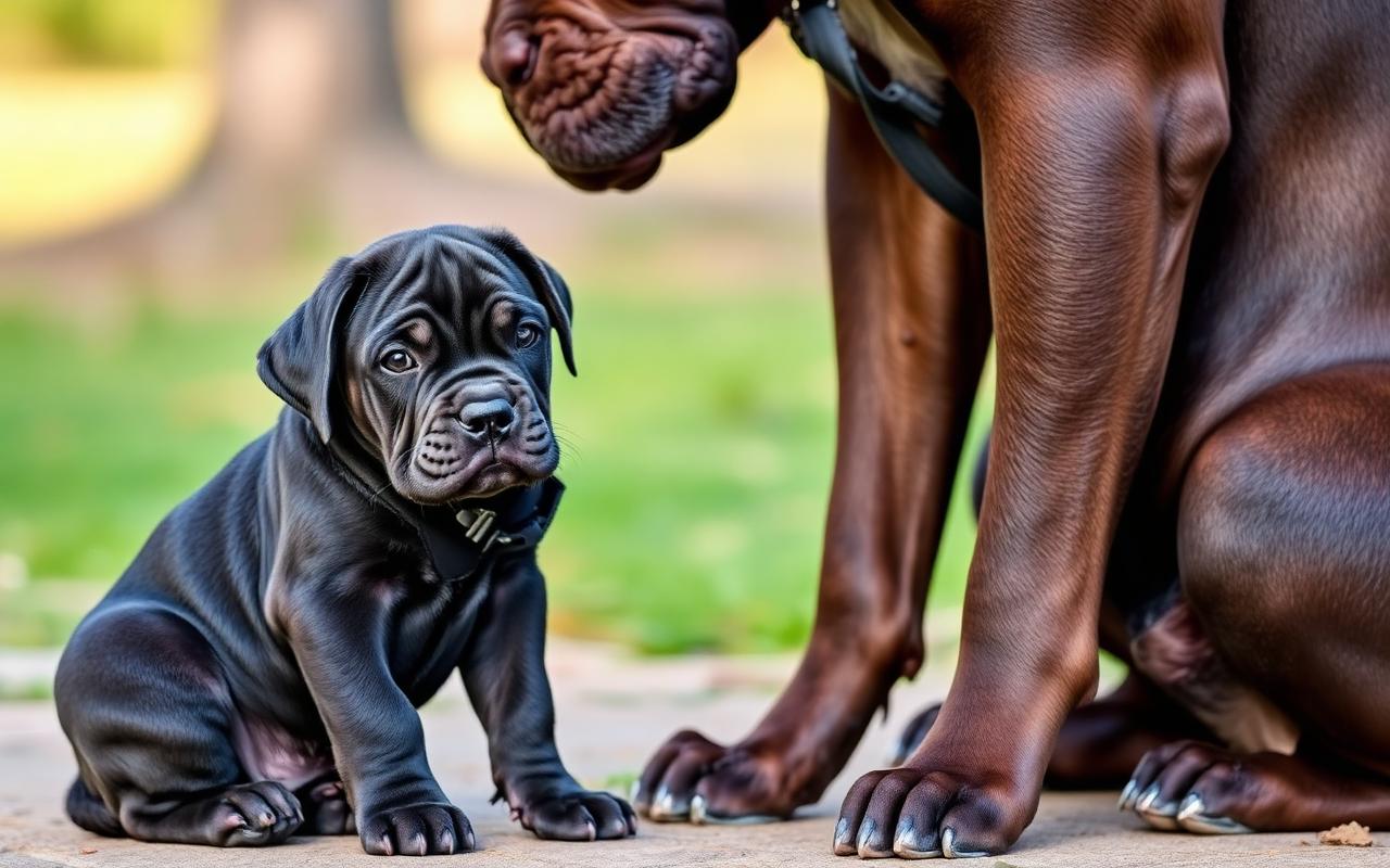 A small Cane Corso puppy sitting next to the legs of an adult Cane Corso showing the dramatic size difference