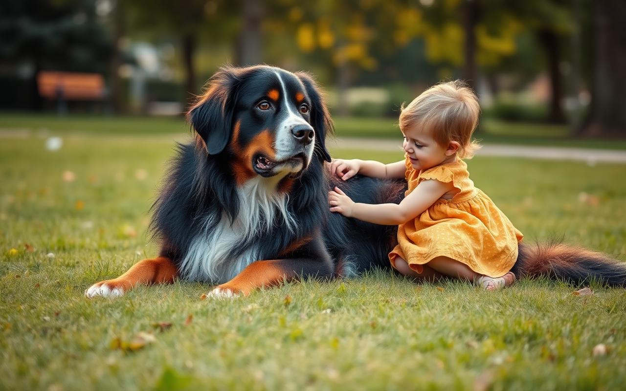 Bernese Mountain Dog lying calmly while a small child gently pets it