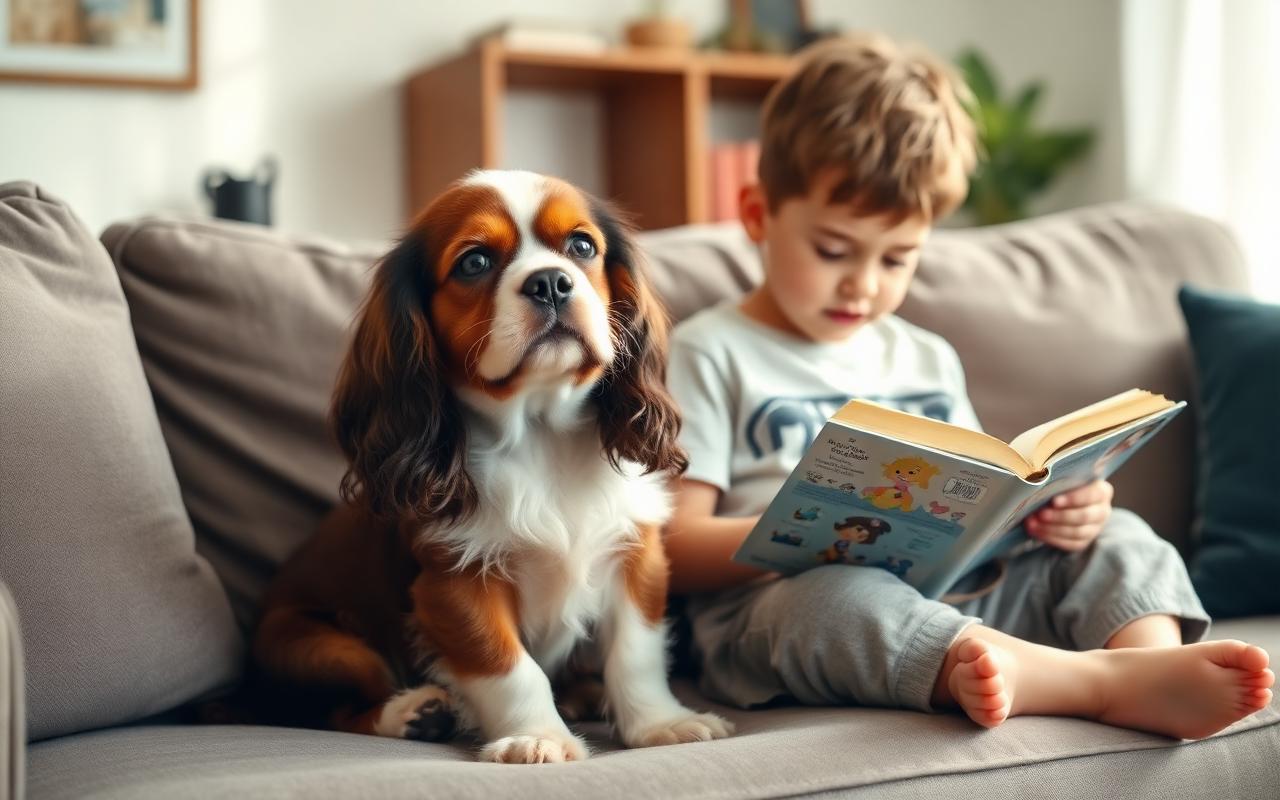 Cavalier King Charles Spaniel sitting calmly next to a child reading a book
