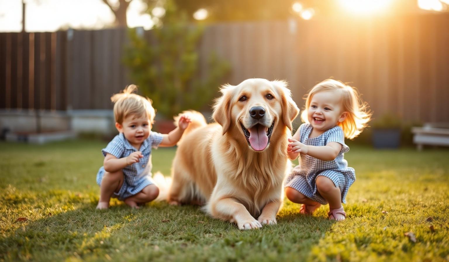 Golden Retriever playing gently with two small children in a sunlit backyard