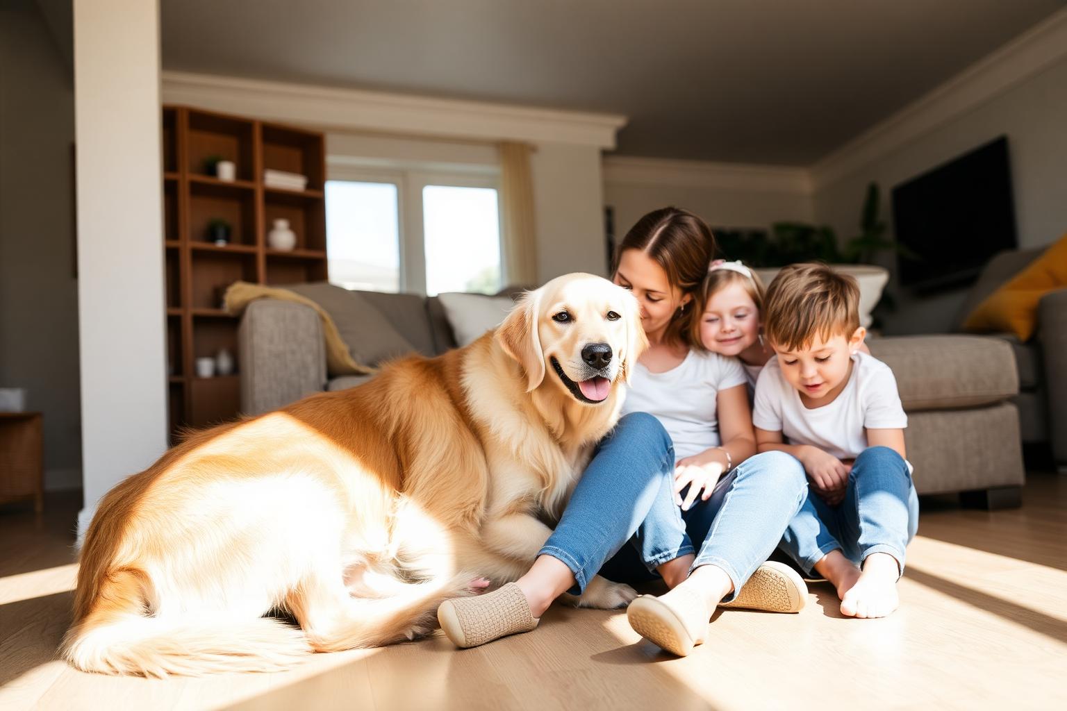 Single mom and her two young children sitting on the floor with a calm, affectionate Golden Retriever in a sunlit living room